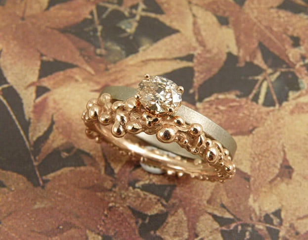 Berries stack ring combined with a diamond ring. Oogst goldsmith Amsterdam