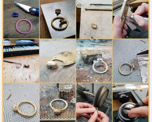 Maakproces van Geelgouden ring Keitje met een groene diamant. Assieraad. Maatwerk van het Oogst goudsmid atelier in Amsterdam.