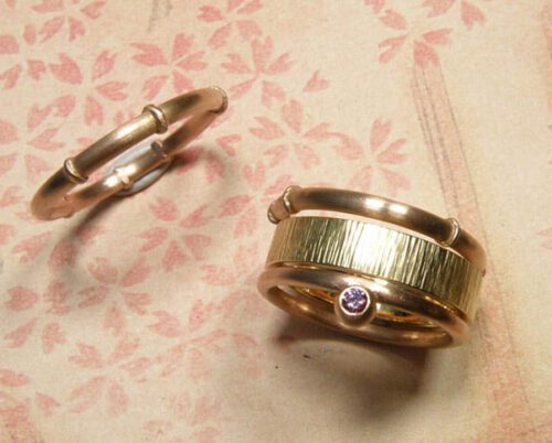 Aanschuifringen roodgoud, geelgoud en diamant. Stack ring, yellow gold, rose gold and diamond. Oogst goudsmdi Amsterdam. Geboortesieraad. Birth present.