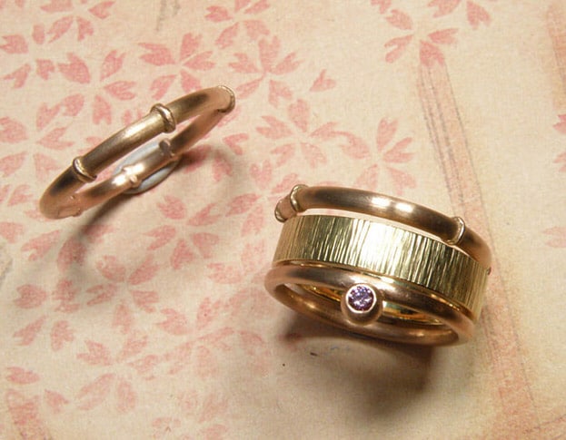 Aanschuifringen roodgoud, geelgoud en diamant. Stack ring, yellow gold, rose gold and diamond. Oogst goudsmdi Amsterdam. Geboortesieraad. Birth present.