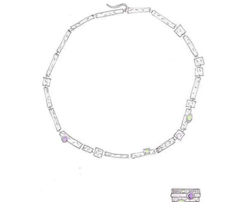 Schets geboorte cadeau witgouden collier en aanschuifringen met peridoot en amethist. Oogst Goudsmeden.