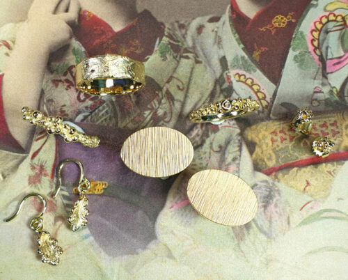 Ring Erosie Ring Bessen Oorsieraden Besjes en manchetknopen Ritme en oorsieraden Eik van eigen goud. Oogst goudsmid Amsterdam. Ring, earrings, cufflinks made from heirloom gold.