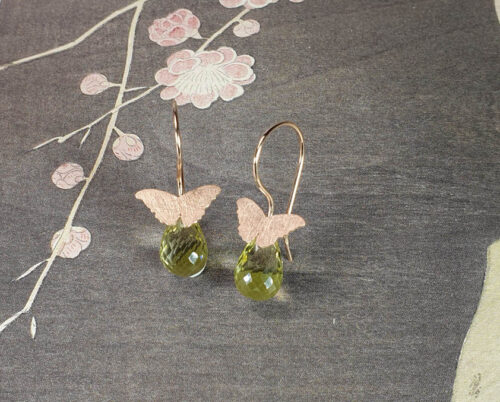 Roodgouden oorsieraden vlinders lemonquartz. Rose gold earrings Butterflies. Oogst edelsmid Amsterdam
