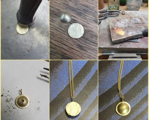 Maakproces Cirkel hanger met as. Geelgouden cirkel met hamerslag. Commerative jewel. Yellow gold Circle pendant with hammering. Oogst Amsterdam