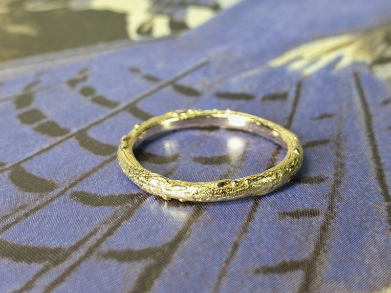 Yellow gold 'Orchard' ring, delicate twig. Oogst Goldsmith in Amsterdam.