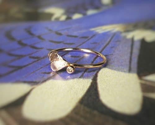 rose gold ring with leaves and a berry with a natural brown brilliant cut diamond. Oogst goldsmith in  Amsterdam