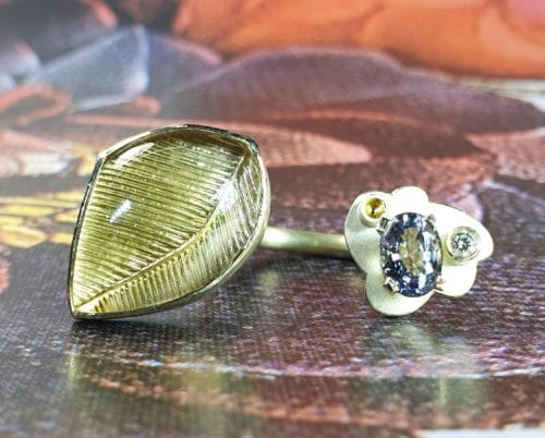 Geelgouden 'Wolken' ring met citrien, spinel en diamant. Ontwerp uit de amorf vs kristallijn collectie van Oogst goudsmid in Amsterdam