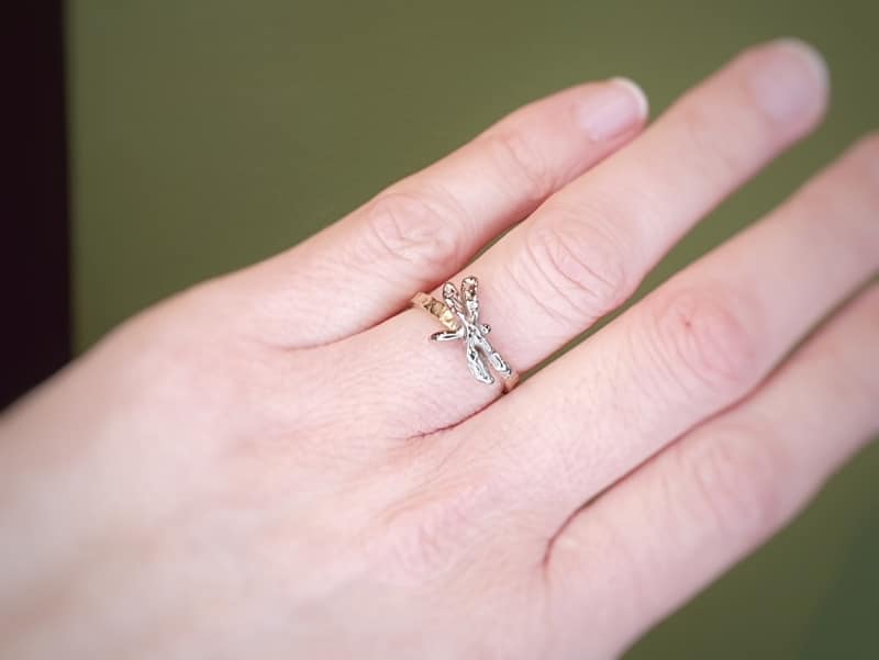 Geelgouden ring 'Insecten' met geelgouden libelle. Oogst goudsmeden Amsterdam.
