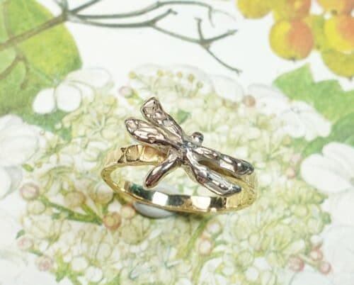 Geelgouden ring 'Insecten' met geelgouden libelle. Oogst goudsmeden Amsterdam.