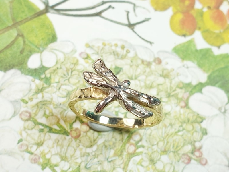 Geelgouden ring 'Insecten' met geelgouden libelle. Oogst goudsmeden Amsterdam.