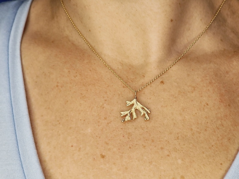 Geelgouden hanger zeewier, om de hals. Ontwerp van Oogst sieraden in Amsterdam.
