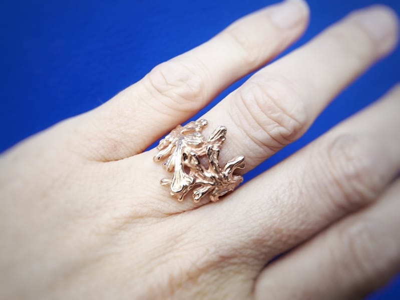 Roodgouden zeewier ring. Speelse textuur. Sieraad ontwerp van Oogst Goudsmeden in Amsterdam. Ring om de vinger.